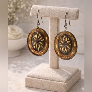 Copper Bronze Earrings Dangling oval Mandala Artsy Bohemian Vintage 2"